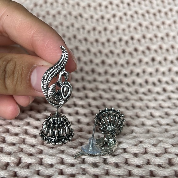 Oxidized peacock jhumkas - Picture 3 of 4